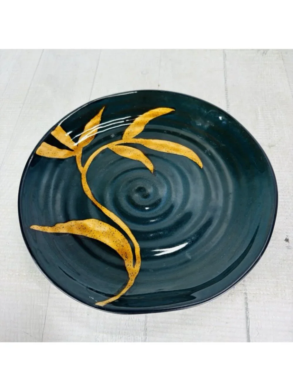 Pier 1 DAKARA Bamboo Leaf Yellow Rust Hand Painted Stoneware Plate & Bowl Set 2